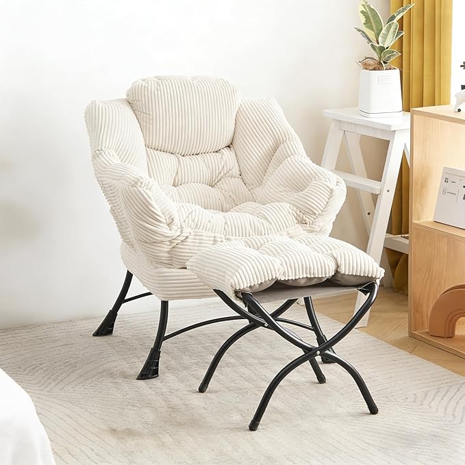 Bellemave Lazy Chair with Ottoman Lounge Accent Chair with Armrests and Side Pocket Leisure Upholstered Sofa Chairs with Footrest for Small Space Reading Chairs for Living Room Bedroom (White)