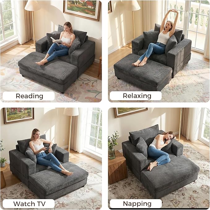 Chaise Lounge Chair IndoorOversized Corduroy Upholstered Sofa Bed with Removable Storage Ottoman Small Cloud Sofas for Living Room Comfy Deep Seat Sleeper Couch Reading Chairs (Gray)