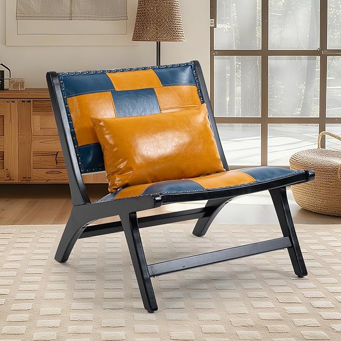 Modern Comfortable PU Leather Armless Mid-Century Style Lounge Armchair Brown Solid Wood Chair Floral Pattern Sofa Chair for Living Room/Office/Balcony/Bedroom (Blue+Yellow Set of 1)