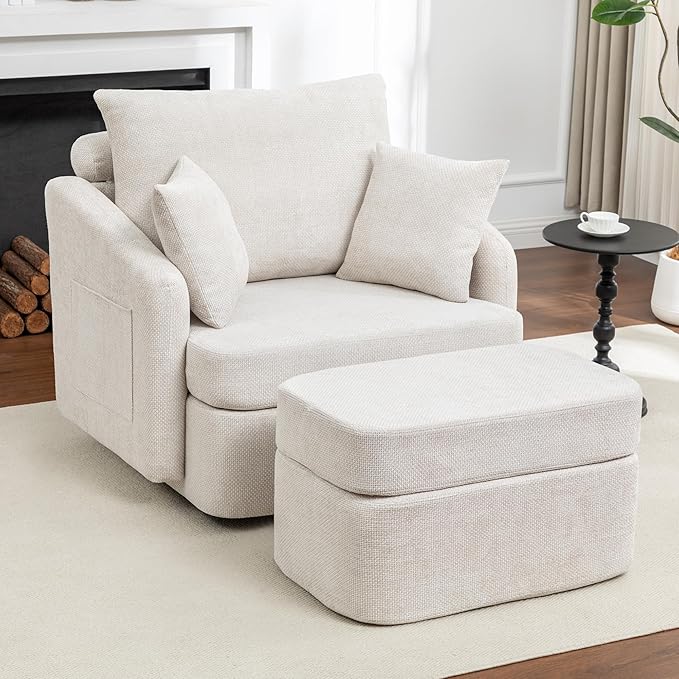39''W Oversized Accent Chair with OttomanComfy Swivel Lounge Reading Chairs for Living RoomBedroom (Chenille Beige)