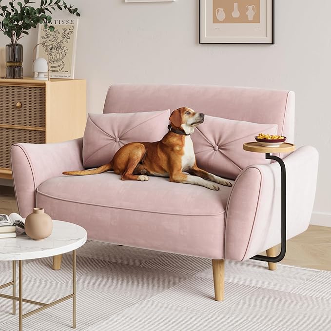 Brelice Loveseat Sofa 47 Velvet Couch for Bedroom Convertible Wooden Tray &amp Ergonomic Armrest for Small Space Apartment Living Room Home Office Easy Assembly Pink