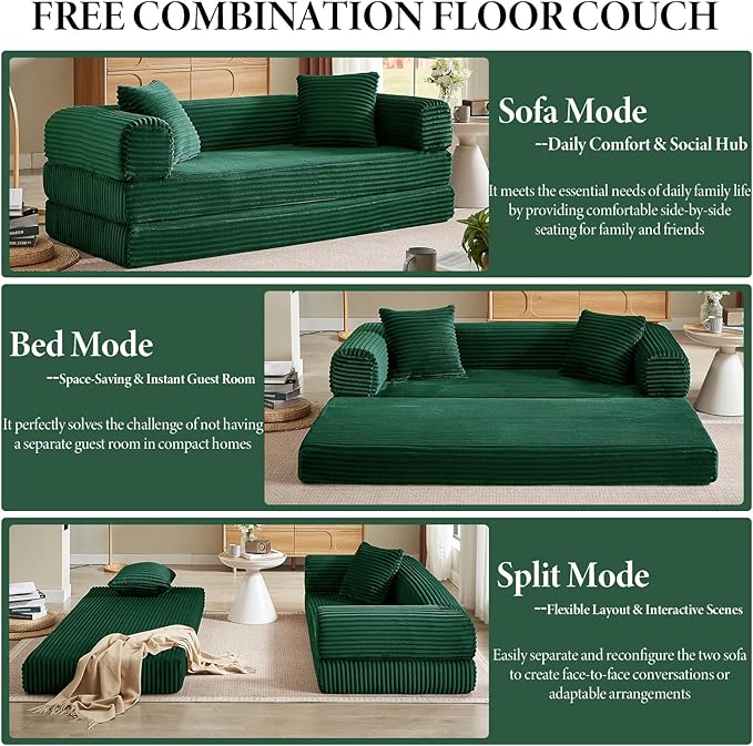 Convertible Futon Sofa Bed Fold Out Floor Sofa Couch with Sleeper SofaFolding Boneless Couches with Deep SeatCloud Corduroy Foldable Mattress Couch for Living Room (Green)