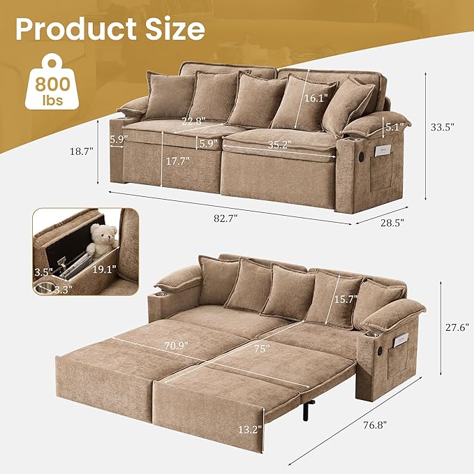 82.7’’ King Size Pull Out Sofa Bed 3 in 1 Convertible Sleeper Sofa Bed with Futon Sofa  Chenille Loveseat Couch Bed with USB Ports and Storage Pockets for Living RoomBedroom Pet-Friendly (Khaki)