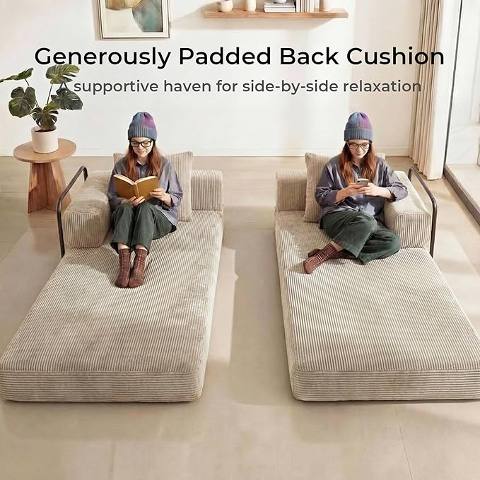 WELAX 77 Convertible Sleeper Sofa Bed Boneless Cloud Queen Futon Couches with 2 Pillows &amp Removable Armrests Corduroy Folding Floor Couch No Assembly for Bedroom Living Room Light Grey