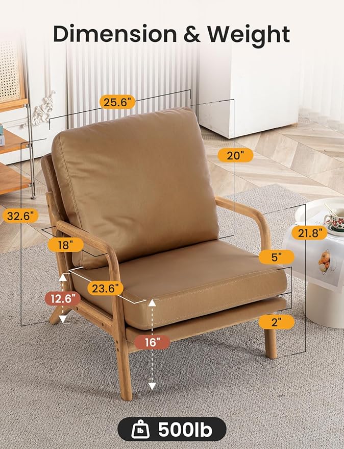 Mid Century Modern Accent Chairs for Living Room 23” Wide Comfy Chair for Bedroom Small Cozy Reading Chairs for Adults 108° Lounge Arm Chair Indoor with Detachable Cover 5.5 Foam Cushion