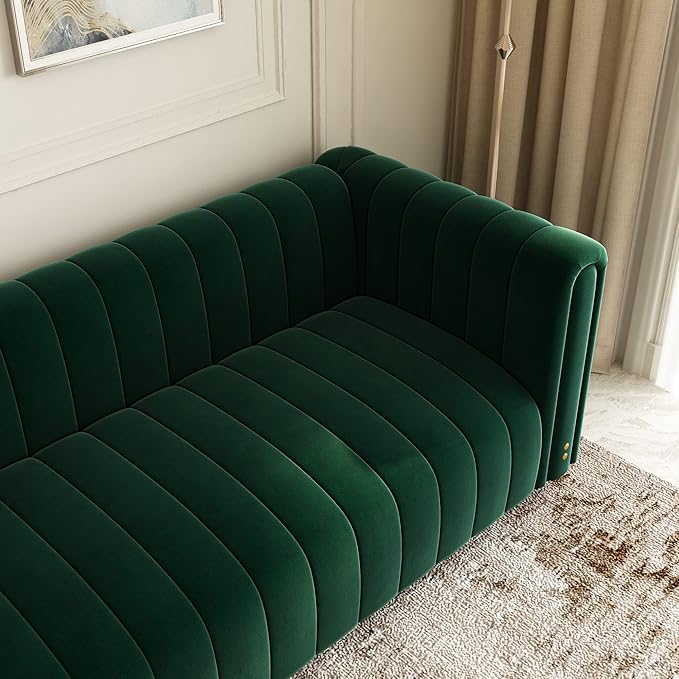 Emerald Green Velvet Couch 80 Inch Wide Mid-Century Modern Tufted Upholstered Sofa with Golden Leg 3 Seat Big Comfy Couch for Living Room