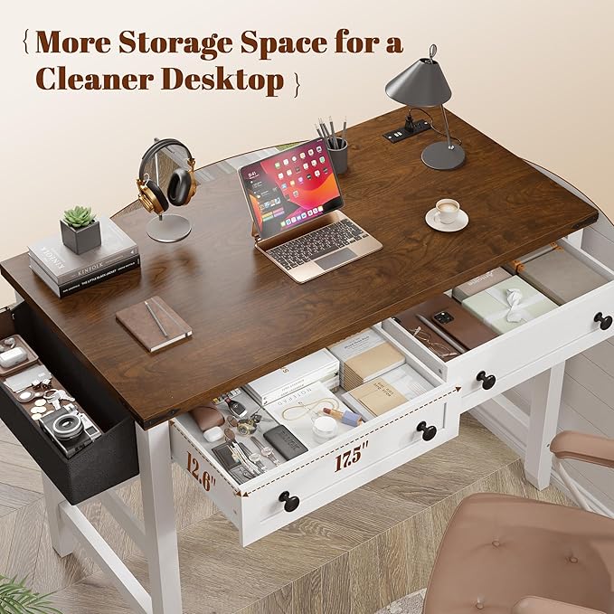 EnHomee 40 Computer Desk with Drawers Small Desk with Power Outlets for Bedroom and Home Office Writing Desk with Drawers and a Side Pocket Vanity Desks for Bedroom Brown+White