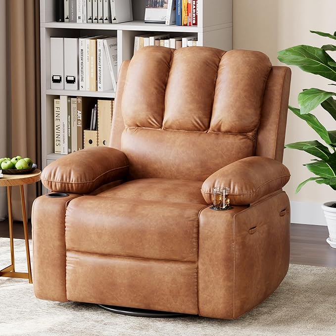 22'' Electric Recliner Chair for Adults Swivel Rocker Recliner with Massage and Heat Pu Leather Single Sofa with Cup Holder and Side Pocket for Living Room Bedroom Vintage Leather