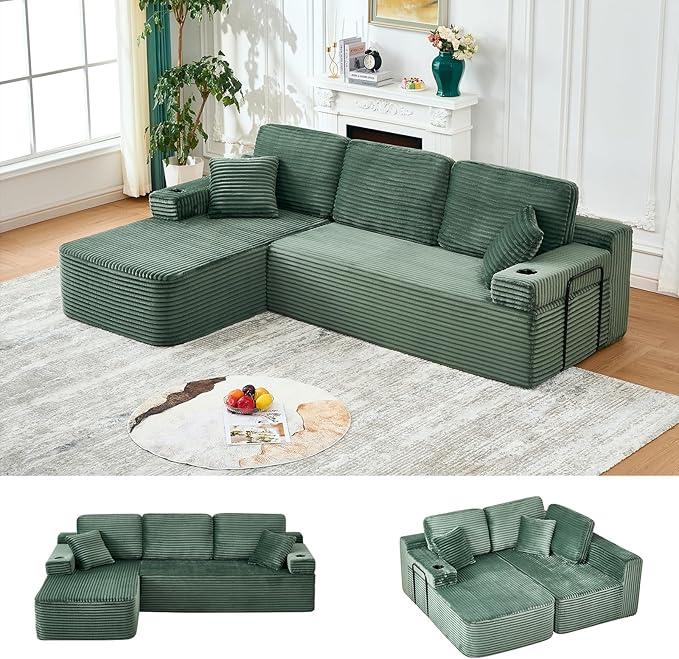 Cloud Sectional Couch with L-Shape ChaiseModern Minimalist Upholstered Couches with Deep SeatCorduroy Boneless Couches for Living Room Bedroom (Green 105 L-Shaped Left Chaise)