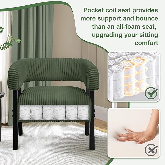 Yaheetech Corduroy Barrel Accent Chair Set of 2 Modern Upholstered Armchair with Solid Wood Legs Cozy Leisure Chair with Pocket Coiled Seat for Living Room Bedroom Reading Nook Dark Green