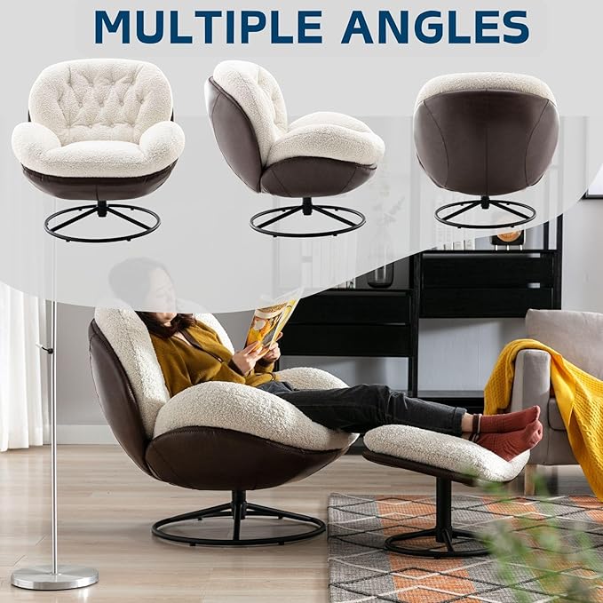 Swivel Sherpa Accent Chair with Ottoman Mid Century Modern Lounge Chair with Footrest Comfy Reading Chair with 360 Degree Metal Base for Small Space/Living Room/Bedroom White Fur