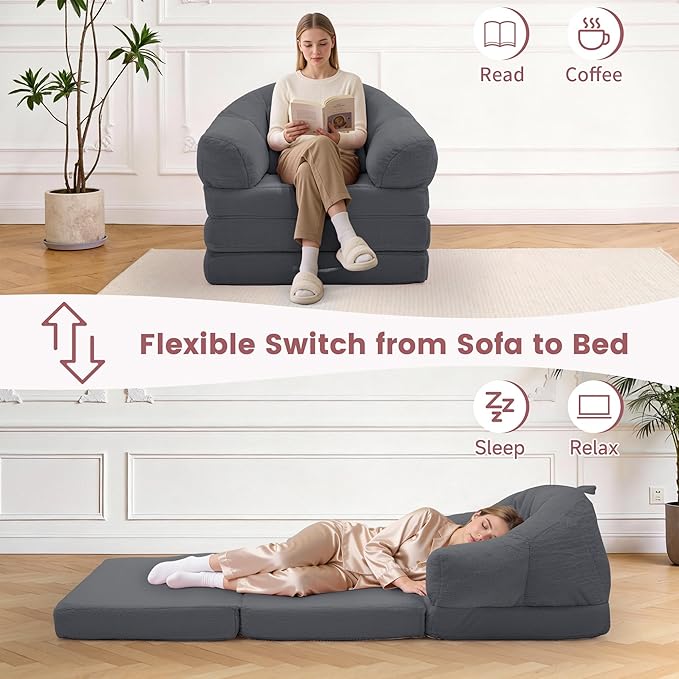 Folding Sofa Bed Convertible Sleeper Chair with Armrest Floor Futon Couch with Pillow Sleeper Single Chair for Adults Couches for Living Room Small Couches for Small SpacesGrey