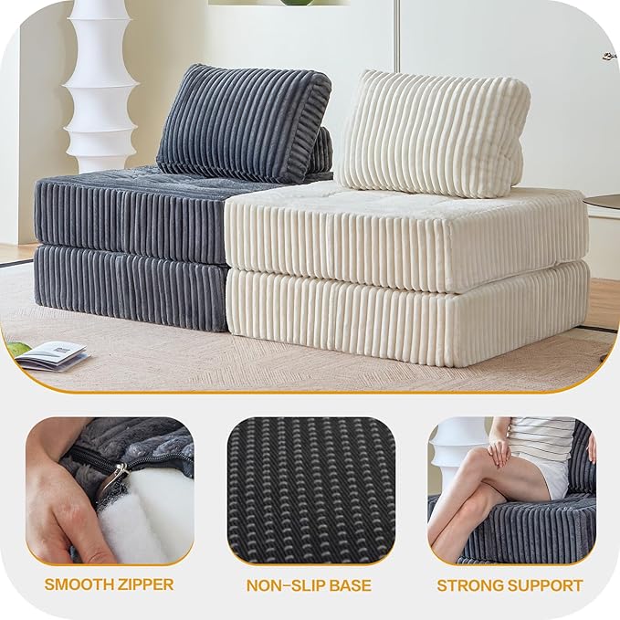 Convertible Floor Chair Bed Foldable Foam Sofa Mattress with Support Pillow Lightweight Single Fold Out Sleeper for Apartments Dorms (Beige Corduroy)