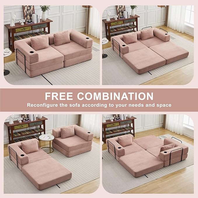 78 Loveseat Sleeper Sofa 4 in 1 Convertible Floor Sofa Bed Boneless Cloud Couch with Cup Holder Fold Out Floor Couch for Living Room Bedroom Lounge Corduroy Pink