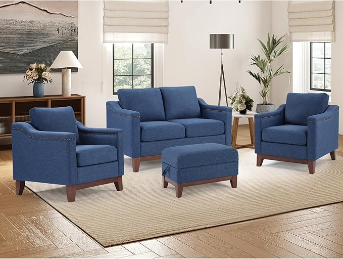Modern 4 Piece Sofa Set with Rivets Included Chenille Accent Chair Set of 2 Upholstered Loveseat 2-Seater Couches with Solid Wood Legs Storage Ottoma Living Room Furniture SetBlue