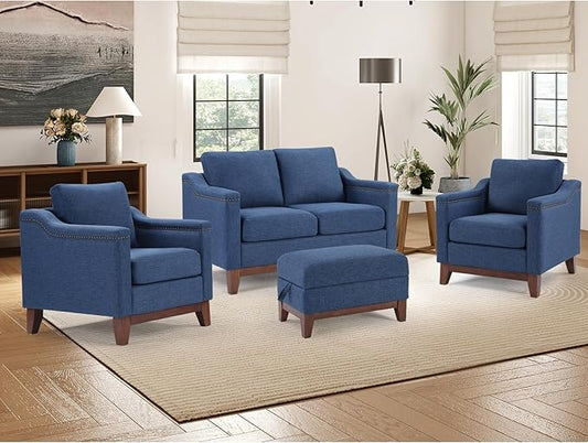 Modern 4 Piece Sofa Set with Rivets Included Chenille Accent Chair Set of 2 Upholstered Loveseat 2-Seater Couches with Solid Wood Legs Storage Ottoma Living Room Furniture SetBlue