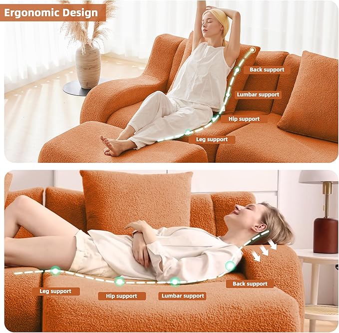 115.3 Inches Sectional Boneless Cloud Couch Super Soft Comfortable Curved Armrest Deep Seat Sofa with Pillow and Ottoman Sectional Couches for Living Room No Assembly Required