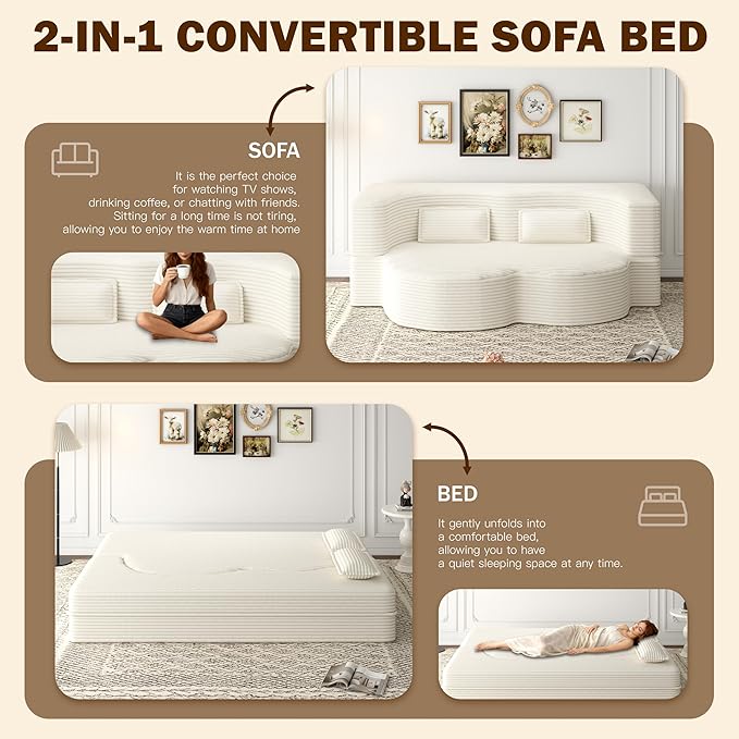 2 in 1 Convertible Compressed Sofa Bed 49'' Modern Boneless Single Sleeper in a Box Floor Mattress Futon Loveseat Couch No Assembly Needed Space Saving Beige Twin 2 Pillows for Living Room