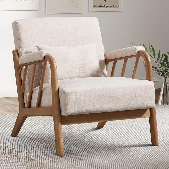 INZOY Mid Century Modern Accent Chair with Wood Frame Upholstered Reading Armchair with Soft Linen Fabric Accent Chair for Living Room Bedroom Apartment Easy Assembly Beige