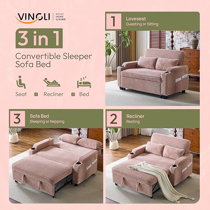 VINGLI Green Futon Sofa Bed Convertible Loveseat Sleeper Sofa Couch Corduroy Pullout Sofa Fold Out Couch Bed with USB Ports Cup Holders Armrest for Living Room Bedroom Apartment Room | Lveseat Sle