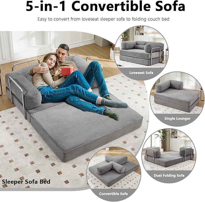 5-in-1 Convertible Sofa Bed 79 Corduroy Folding Sleeper Couch Bed with Steel Frames Boneless Foldable Floor Sofa Bed for Living Room Guest Room No Assembly (Grey)