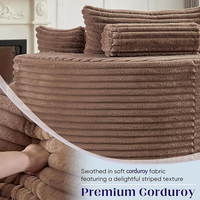 360-Degree Oversized Swivel Chair Modern Round Circle Corduroy Comfy Deep Seat Swivel Accent Chaise Lounge Sofa Chair with Back Cushion &amp 2 Throw Pillows for Living Room Bedroom Office Brown