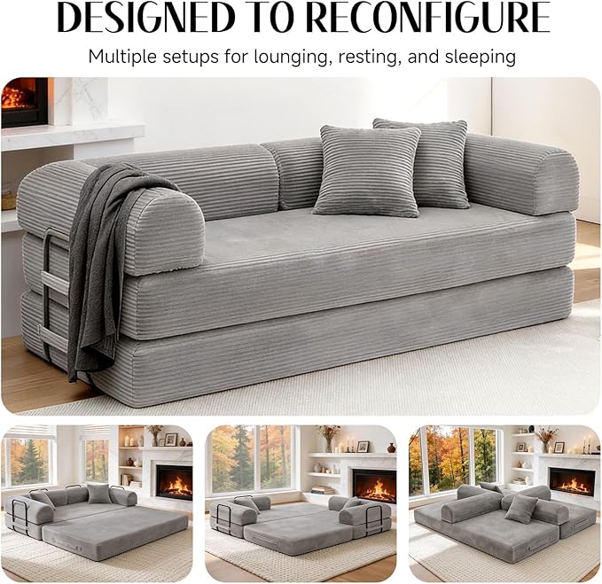79 Corduroy Sofa Bed Boneless Couch in a Box with 2 Pillows High-Density Foam 4-in-1 Foldable Sleeper Futon Loveseat for Small Spaces No Assembly Side Pockets Light Grey