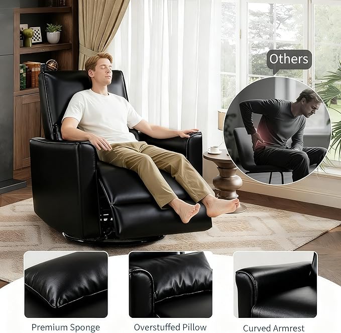 GAOMON Swivel Rocking Recliner Chair Manual Leather Recliner Glider with Lumbar Support &amp Padded Armrest Comfortable Rocker Nursery Single Sofa for Living Room and Bedroom (Charcoal)