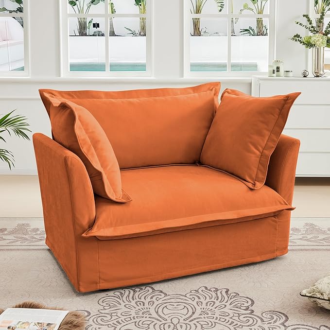 Modern Single Sofa Chair 49 Slipcovered Armchair Oversized Upholstered Accent Chair Comfy Cloud Deep Seat Sofa Chair with 2 Throw Pillows for Living Room Bedroom Apartment Chenille Orange