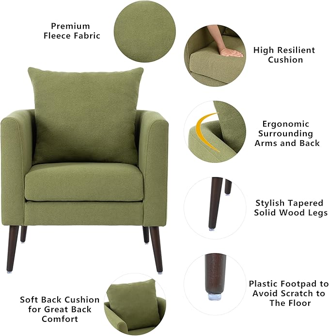 29.5 Wide Fleece Accent Barrel ChairFabric Upholstered Side Chair for Living Room BedroomModern Round Club ChairPadded Single Armchair with Pillow for Indoor (Barrel Olive Green)