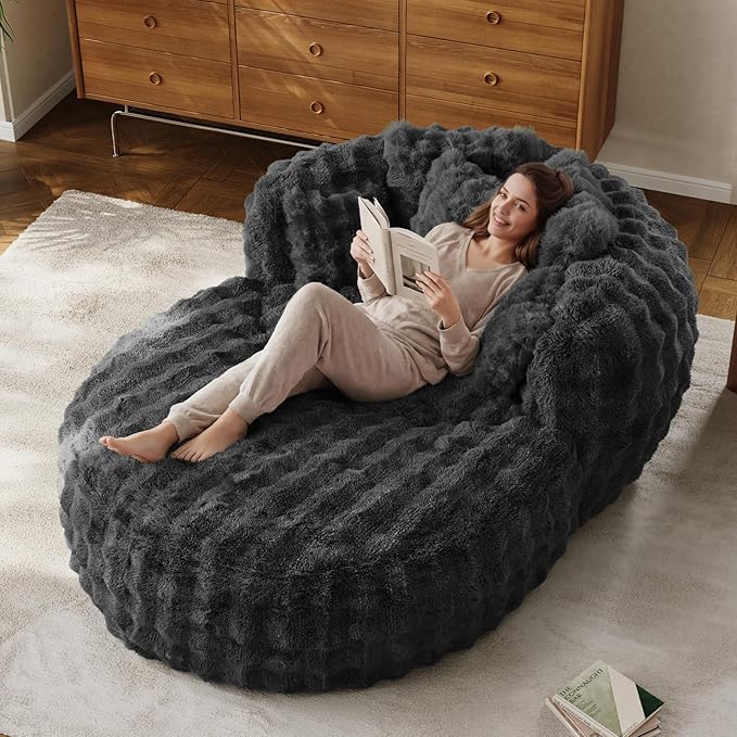 55 Oversized Chaise Lounge Indoor Round Reading Chair Lounge Chair with Ottoman Boneless Sofa Bed Large Fluffy Plush Faux Fur Chaise Chair for Living Room Playroom Bedroom Grey