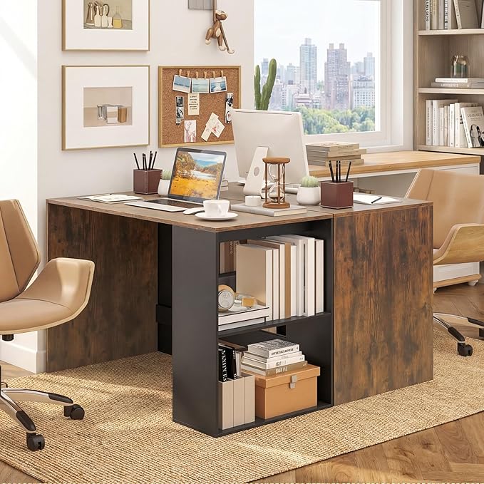 Giantex Small Desk with Bookshelf 44 Inch Modern Computer Desk for Small Spaces Laptop PC Desk Vanity Table for Bedroom Study Writing Desk for Home Office (Black+Rustic Brown)
