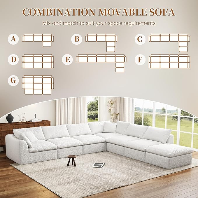 108 Modular Sectional Sofa with Movable Ottoman No Assembly Required Boneless Cloud Couch Deep Seat L Shaped Sectional Couches for Living Room Bedroom and Apartment White