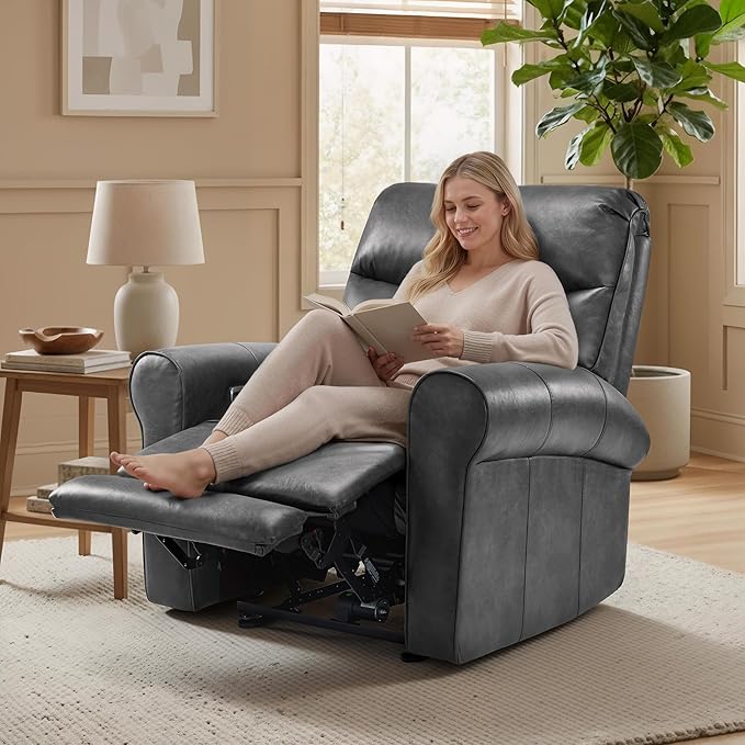 MCombo Power Wall Hugger Recliner Chair for Small Space RV Living Room USB &amp USB-C Charging Ports Modern Rolled Arm Recliner Faux Leather PR630 (Dark Grey Medium)