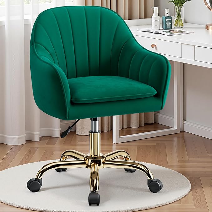 Vanity Chair with Wheels Comfy Home Office Desk Chairs Adjustable Modern Velvet Makeup Vanity Chairs for Bedroom Living Room-Green