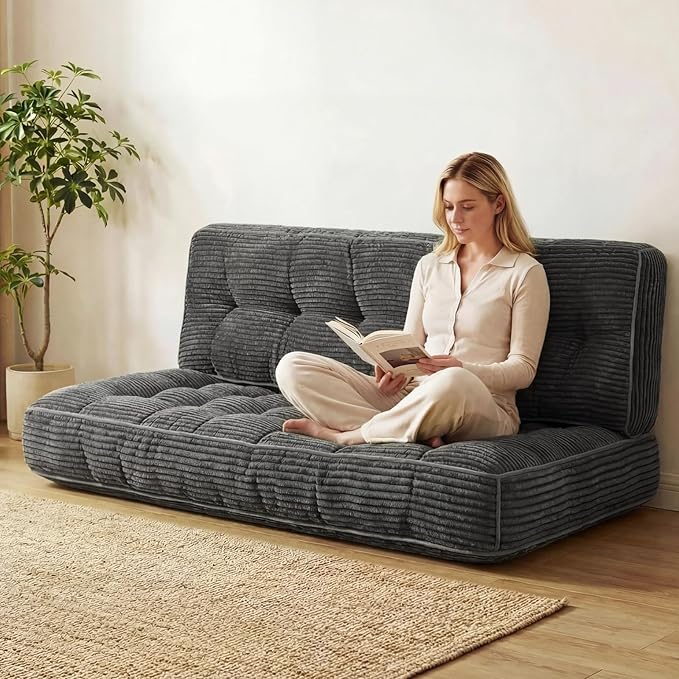63 Inch Folding Bench Cushion 4 Inch Thick 2-in-1 Convertible Long Floor Lounger Boneless Cushions Couch Mattress Upholstered for Yoga Reading Sleeping Meditation Living Room(Dark Grey)