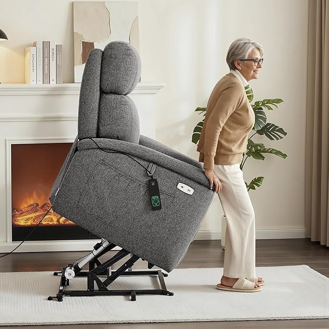 MCombo Power Lift Recliner Chair with Massage and Dual Heating Adjustable Headrest Extended Footrest for Elderly People Fabric R7605 (Dark Grey)