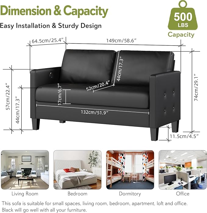 STHOUYN 59 Black Faux Leather Sofa Couch Modern Comfy Office 2 Seater Couch Loveseat with Tufted Armrest and USB Small Love Seat Couches for Living Room Apartment Bedroom