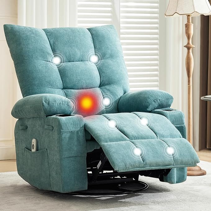 GarveeHome Swivel Rocker Recliner Chair with Massage and Heat Oversize Ergonomic Lounge Single Sofa with Side Pocket Cup Holders for Living Room Bedroom (Oversized Blue)