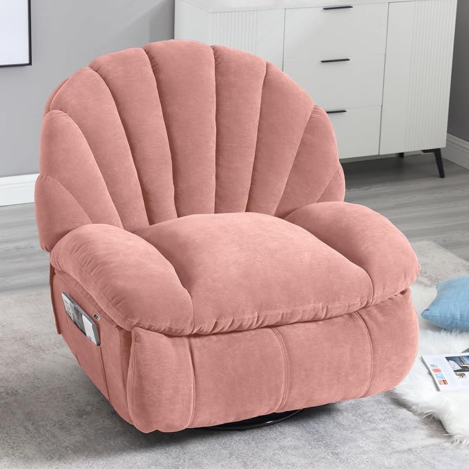 Power Recliner Chair Swivel Comfortable Soft Fabric Shell Shape with Storage 360 Swivel Electric Big Tall Single Reclining Sofa for Adults Living Room Bedroom (Pink)