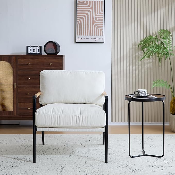 Modern Accent Chair Lounge Arm Chair Upholstered Armchair with Plush Cushions Single Chairs with Metal FrameWooden Armrest - Perfect for OfficeLiving RoomBedroomWhite