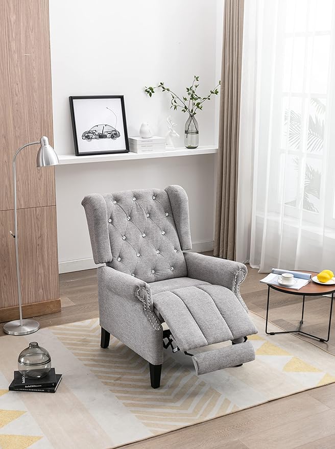Recliner Chair Adjustable Home Theater Single Fabric Recliner Sofa Furniture with Tufted Woven Fabric Push Back Recliner Wingback Armchair For Living Room Modern Living Room Recliners (Light Gray)