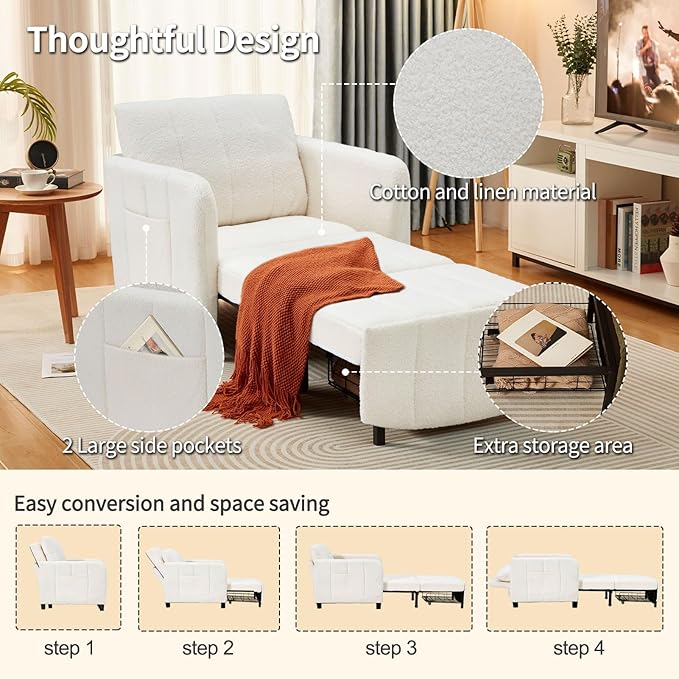 Sleeper Chair 84 Extra Long Convertible Chair Bed Upgraded 3-in-1 to 4-in-1 Pull Out Chair &amp Single Sofa Bed for Adult Sleeping Chair for Living Room &amp Small Space (White)