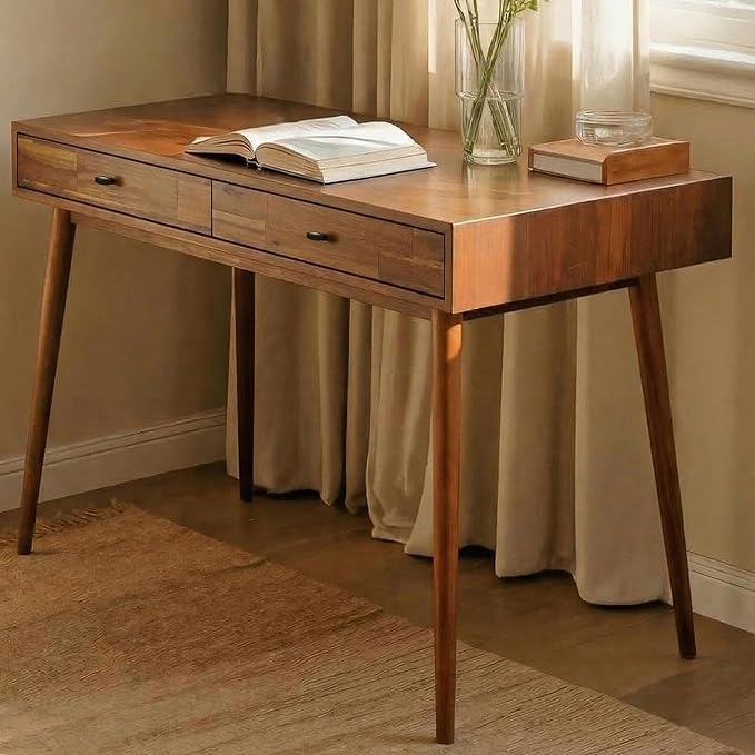 Acacia Lagom 48 Solid Wood Work Desk with Drawers Home Office Desk Office Furniture Work Table for Home Office Scandinavian Style Wood Work Desk for Home Office Walnut