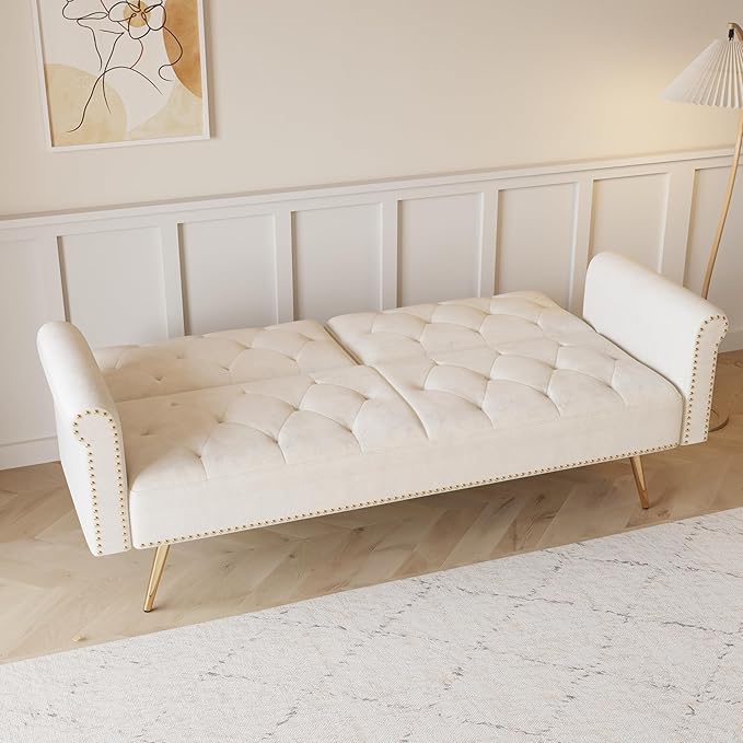 ERYE Tufted Futon Sofa Bed Modern Velvet Upholstered Loveseat Sleeper Futon Sofabed with Split Adjustable Backrest Nailhead Decor and Elegant Golden Legs for Home Apartment RV Office Studio Bedroom