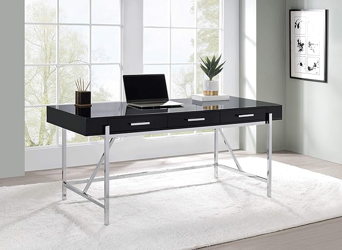 OSP Home Furnishings Broadway Modern Executive Desk with 3 Drawers and Charging Station Black Gloss Finish with Chrome Frame