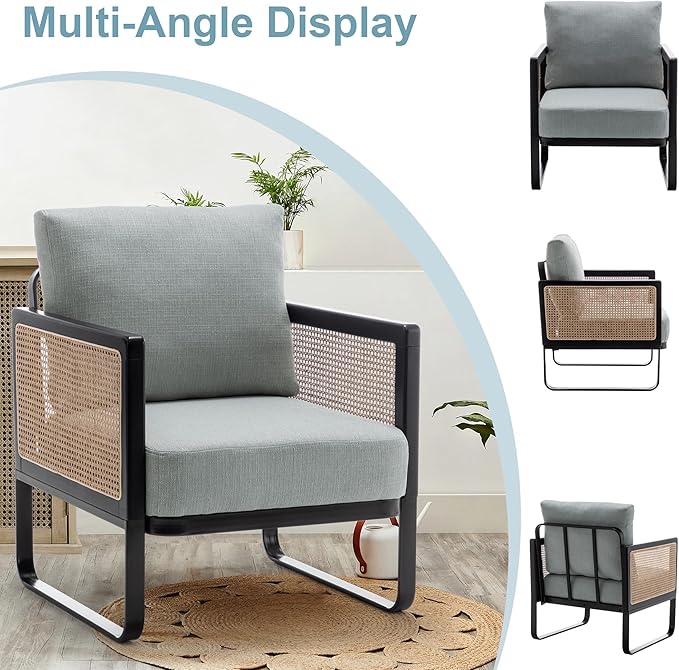 WENTMENT Rattan Accent Chairs Set of 2 Sofa Chair with Natural Rattan Armrest and Removable Backrest Upholstered Living Room Chair Lounge Chair for Reception Room/Hosting Room/Bedroom(Grey)