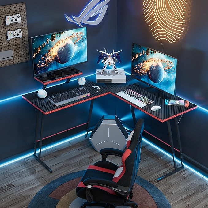 Homall L Shaped Gaming Desk Computer Corner PC Desk Table with Large Monitor Riser Stand for Home Office Sturdy Writing Workstation (Black 47 Inch)