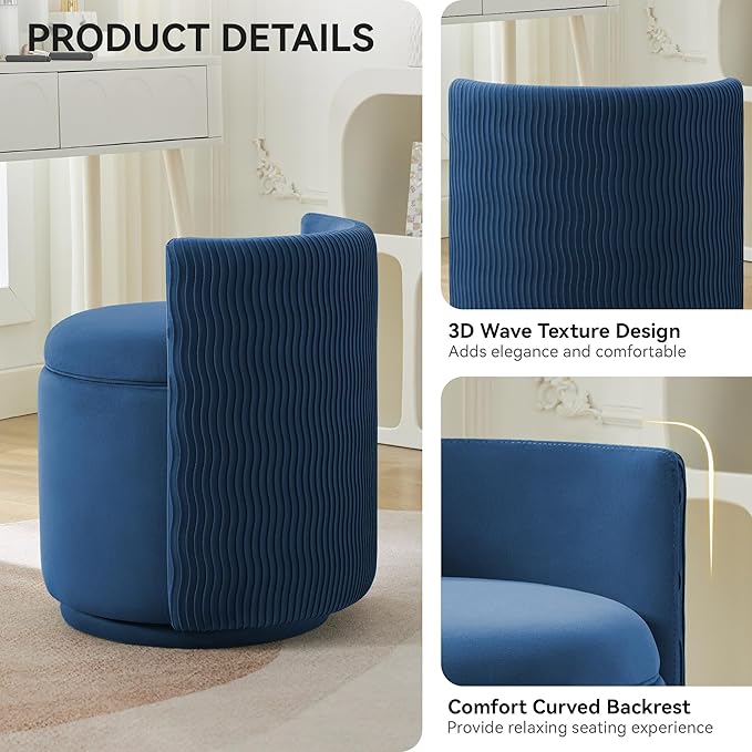 Velvet Vanity Chair with Storage 360° Swivel Makeup Chair with Wave Back No Assembly Small Accent Stool for Bedroom Dressing Living Room Blue