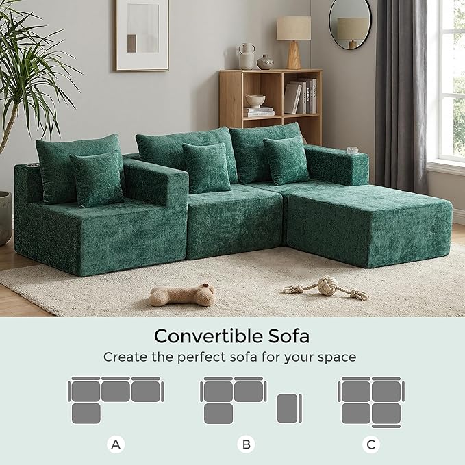 WELAX 104 Modular Sectional Couches for Living Room Boneless Couch L-Shape with Cup Holders &amp Pillows Modern Chenille Cloud Sofa 4 Seater Home Comfy Sofas for Bedroom Green